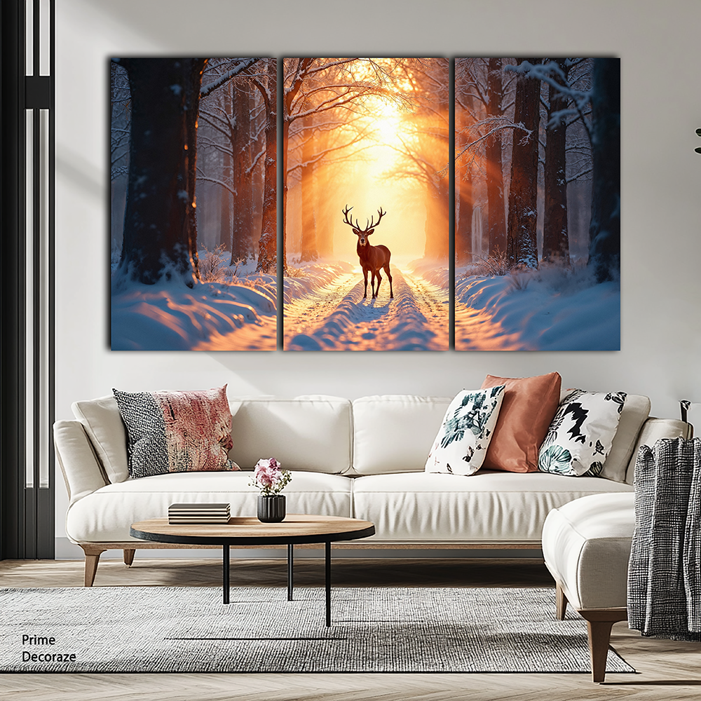 Deer stands on a cold winter night in a snowy forest | Animals Wall Art | 3 Panels