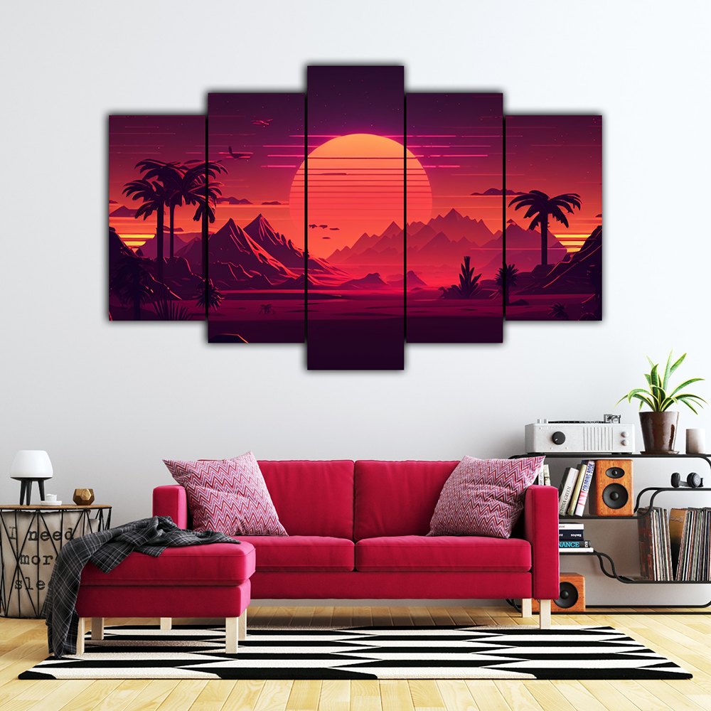 Synthwave Sunset Landscape | Natural Wall Art | 5 Panels