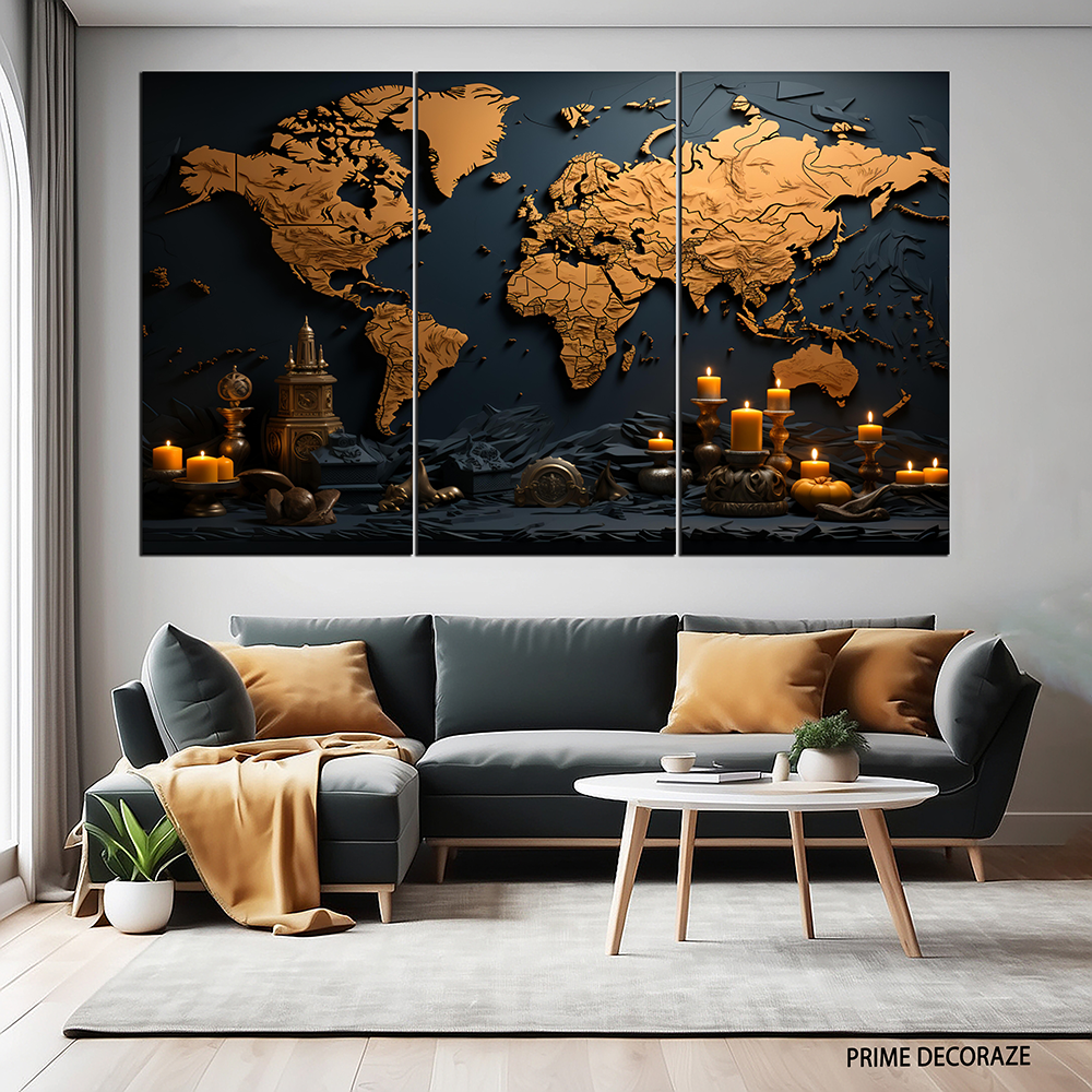 World Map Golden Monuments | Office Wall Art | 3 Panels