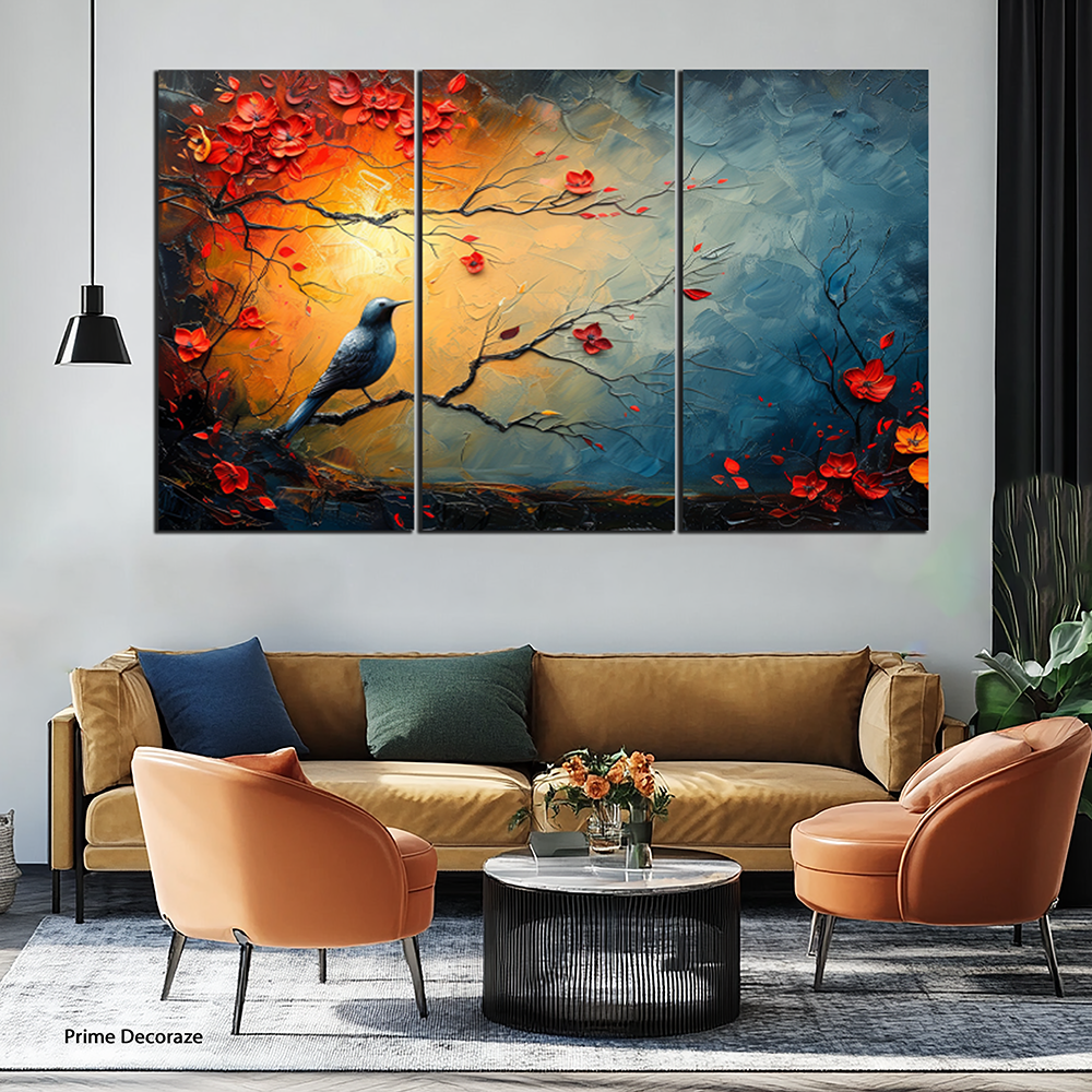 Bird On A Branch Oil Paint Wall Art | Abstract Wall Art | 3 Panels