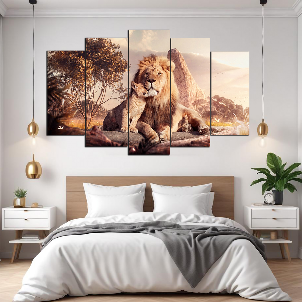 Simba & Mufasa Lion Portrait | Animals Wall Art | 5 Panels