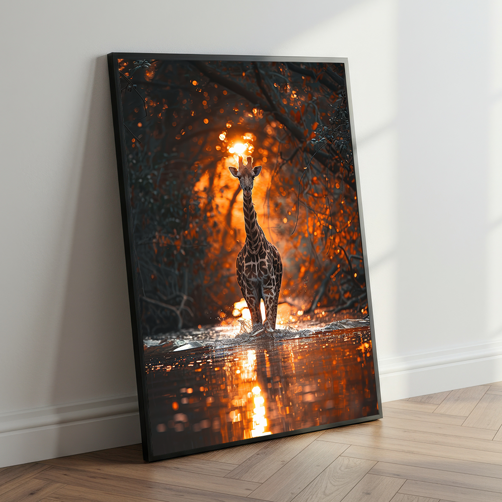 Giraffe In The Pond At Sunset | Animal Wall Art | Single Panel