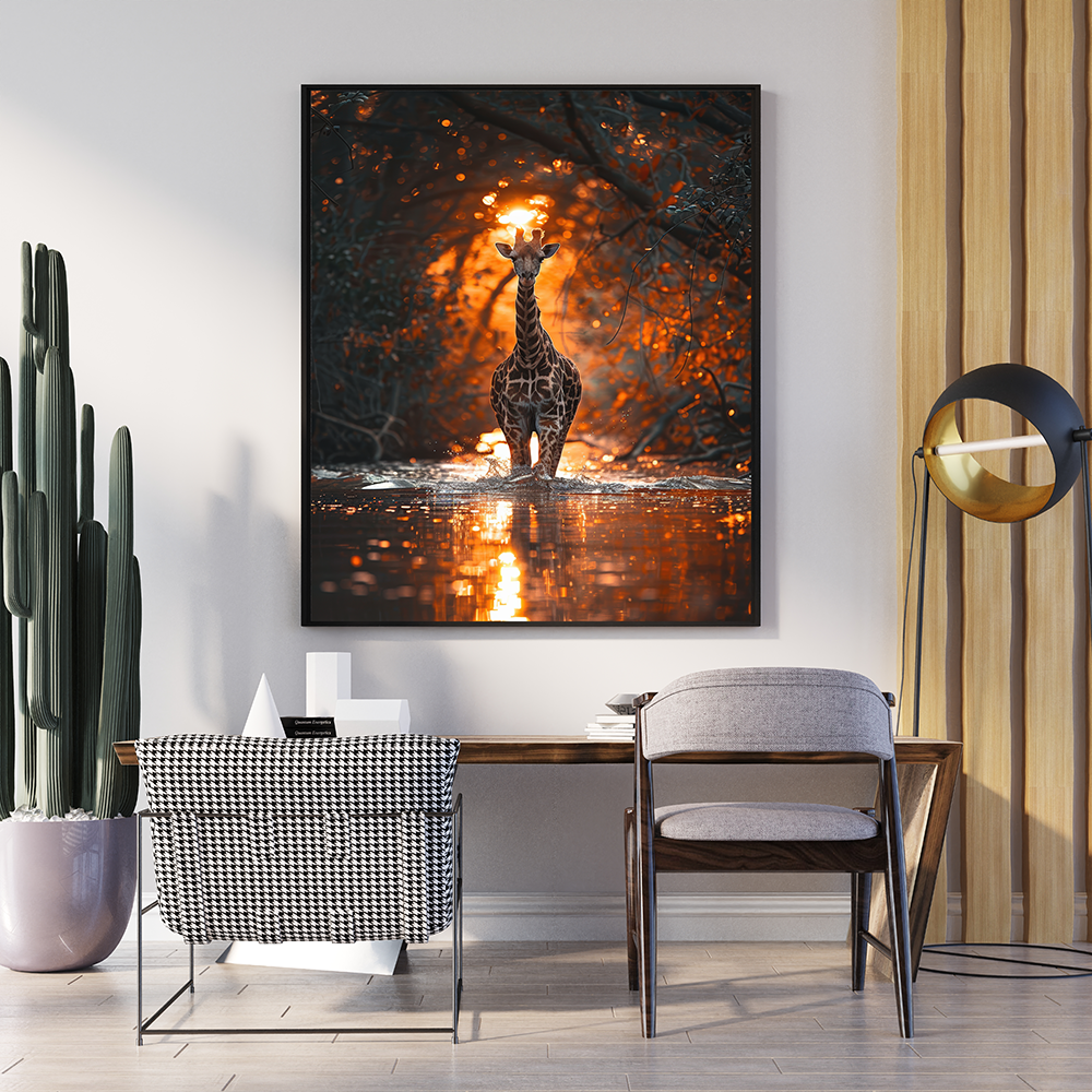 Giraffe In The Pond At Sunset | Animal Wall Art | Single Panel