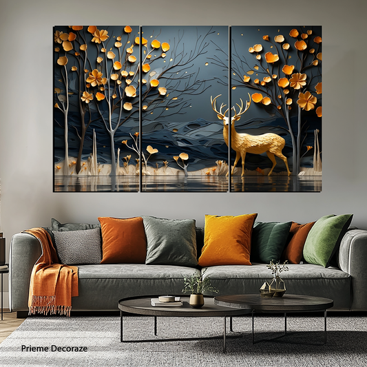 Golden Deer Painting Abstract Art |Animals Wall Art | 3 Panels