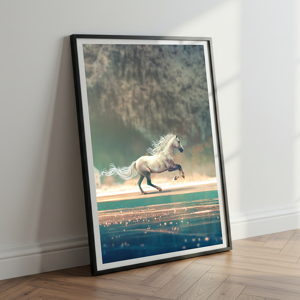 White Running Horse In The Wind | Animal Poster Wall Art | Single Panel