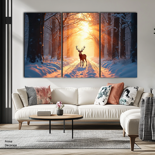 Deer stands on a cold winter night in a snowy forest | Animals Wall Art | 3 Panels