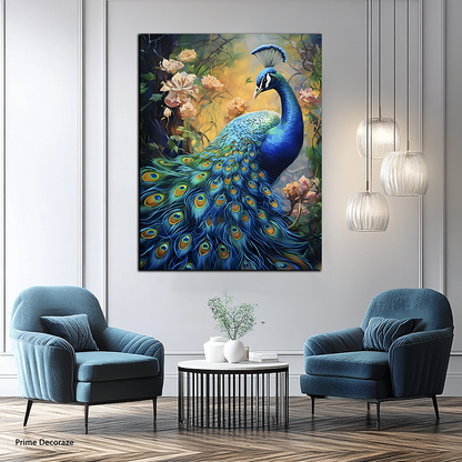 Blue Peacock White Flowers Style Precision | Bird Wall Art | single Panel