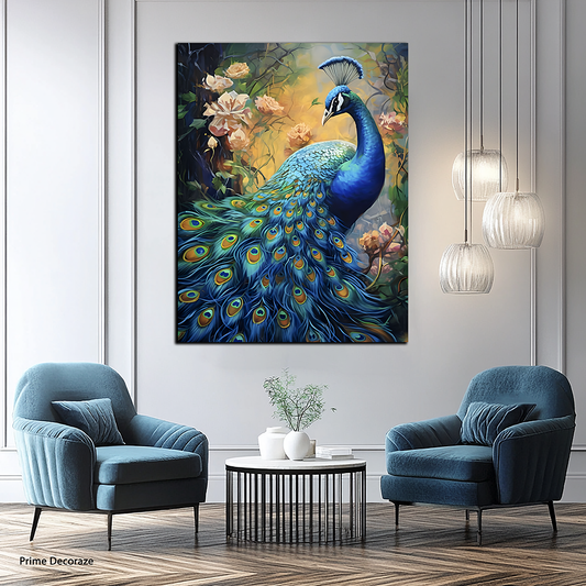 Blue Peacock White Flowers Style Precision | Bird Wall Art | single Panel