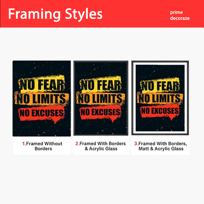 No Fear No Limit No Excuses | Motivational Poster Wall Art | Single Panel