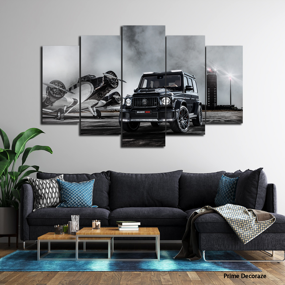 Mercedes With Helicopter | Cars Wall Art | 5 Panels