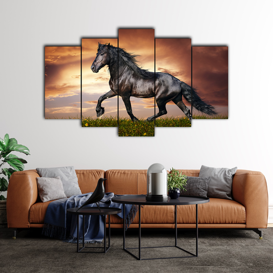 Black Running Horse | Animals Wall Art | 5 Panels