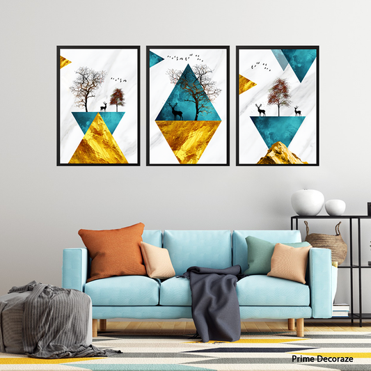 Golden Triangle Shapes Deer Tree Frame Art | Nordic Art | 3 Panels