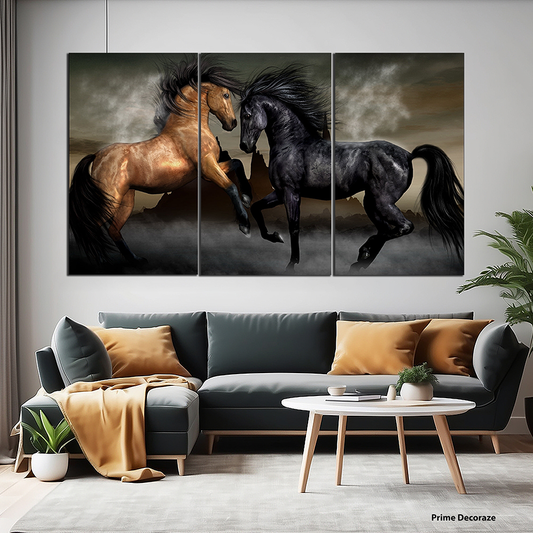 Black & Gold Fighting  Horses | Animals Wall Art | 3 Panels