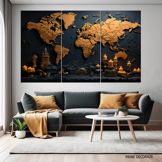 World Map Golden Monuments | Office Wall Art | 3 Panels