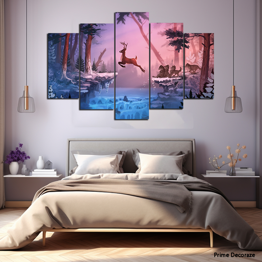 Deer Jumping In The Lake | Animals Wall Art | 5 Panels