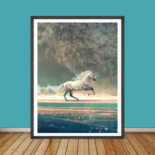 White Running Horse In The Wind | Animal Poster Wall Art | Single Panel