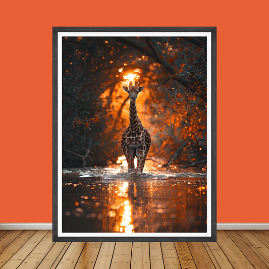 Giraffe In The Pond At Sunset  | Animal Wall Art | Single Panel