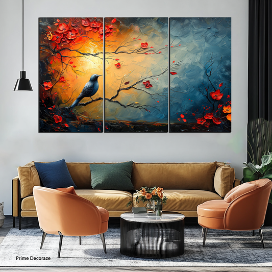 Bird On A Branch Oil Paint Wall Art | Abstract Wall Art | 3 Panels
