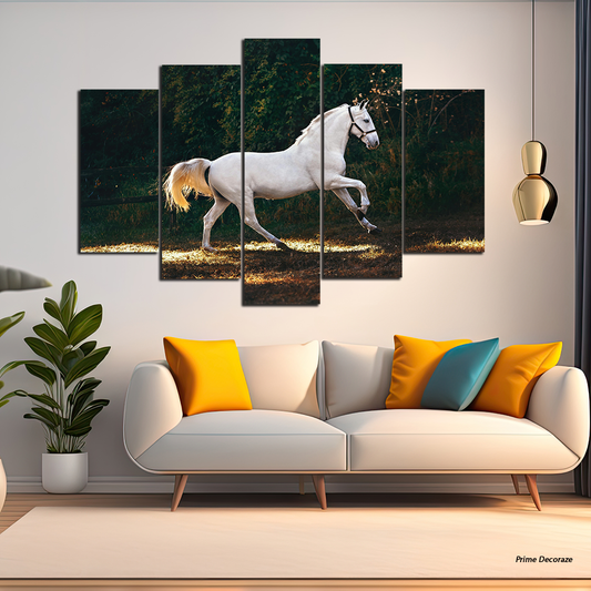 White Ruining Horse | Animal Wall Art | 5 Panels