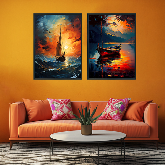 Boat Painting Sunset Sky and Ship | Natural Wall Art | Tow Panels