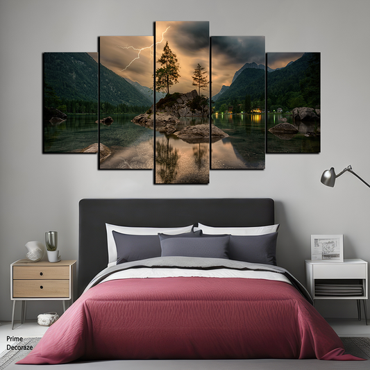 Mountain Lake Lightning Landscape |Natural Wall Art | 5 Panels