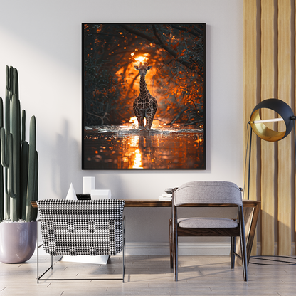 Giraffe In The Pond At Sunset  | Animal Wall Art | Single Panel