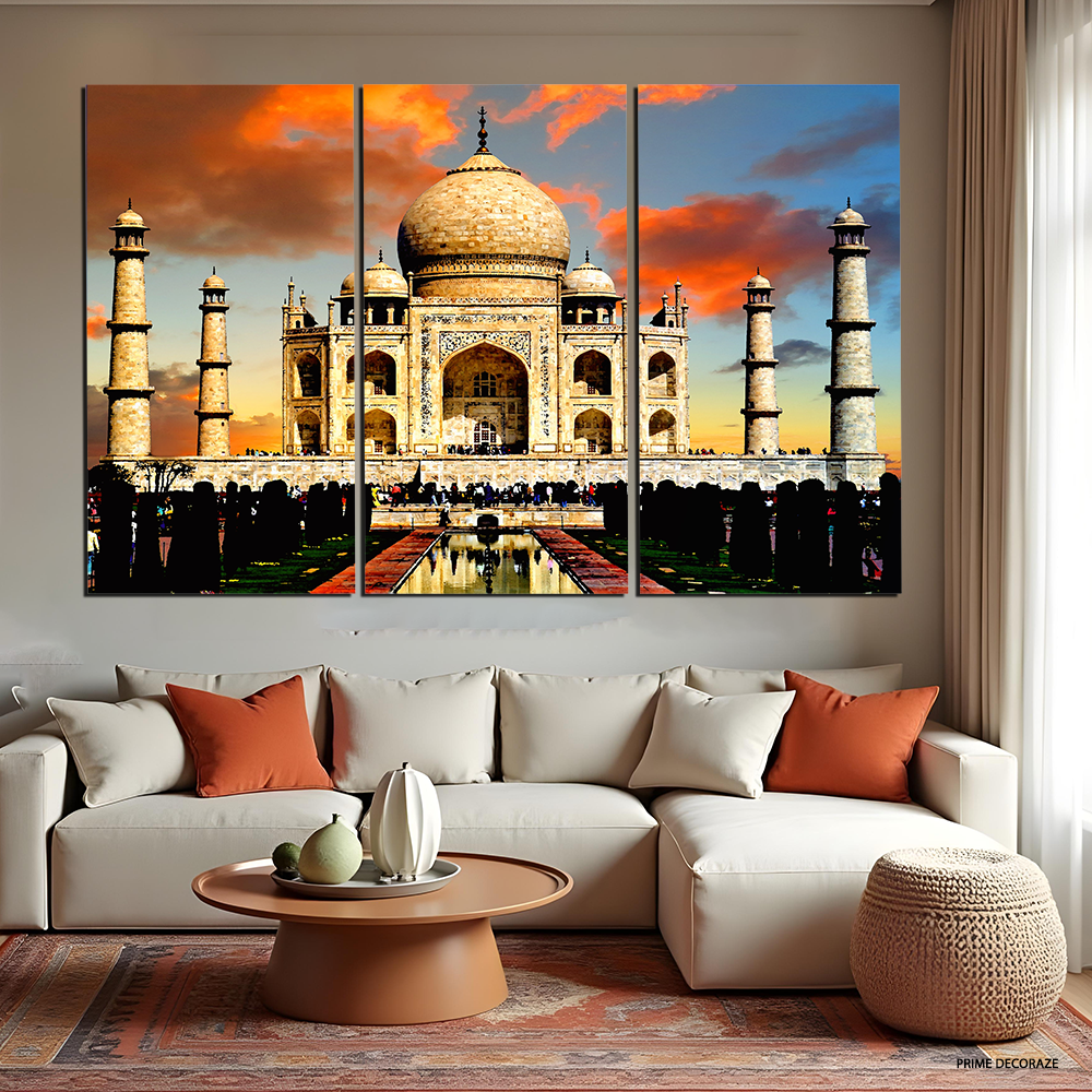 Taj Mahal During Golden Hour | Architecture Wall Art | 3 Panels
